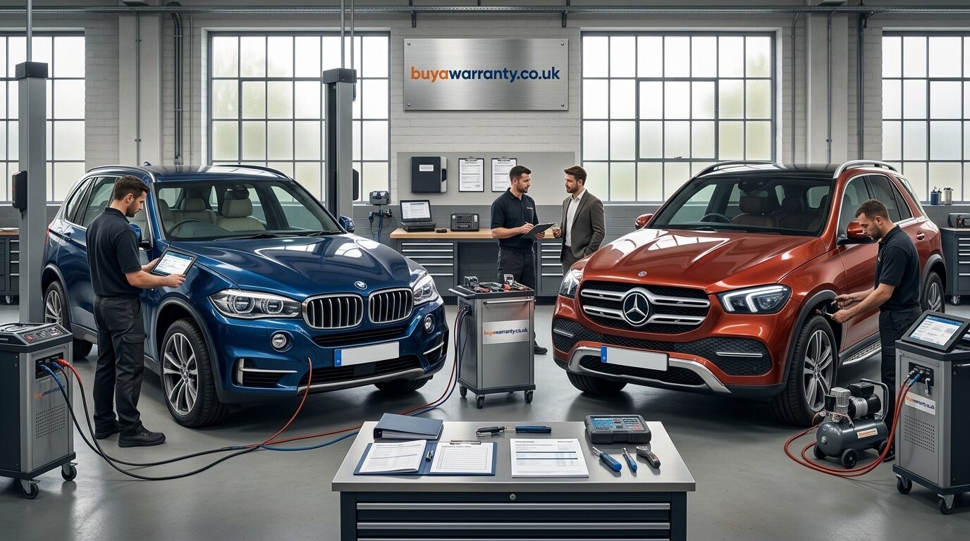 Blue BMW X5 and copper-red Mercedes GLE being inspected at a UK specialist workshop.