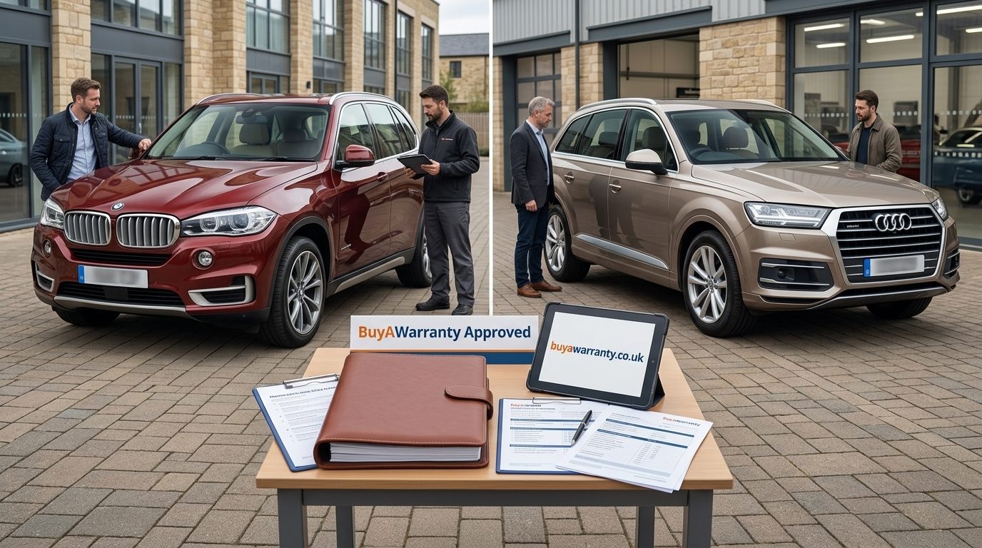 Burgundy BMW X5 and champagne Audi Q7 compared at a UK used-car specialist forecourt.