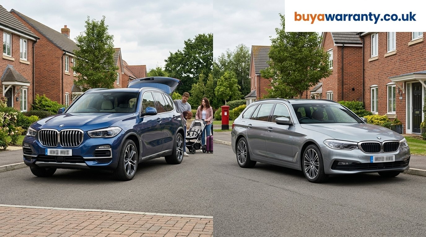 Dark blue BMW X5-style SUV beside a silver BMW 5 Series Touring-style estate on a British residential road.
