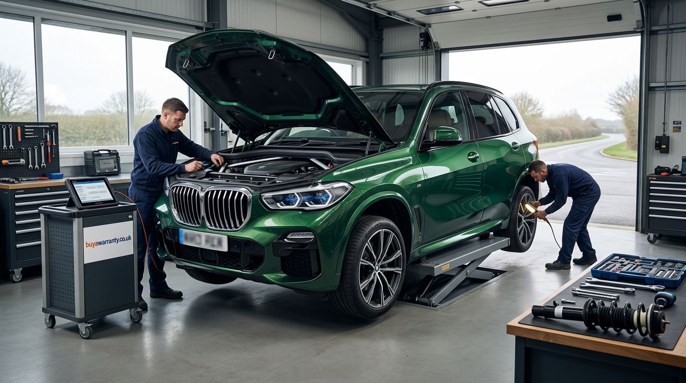 Deep green used BMW X5 undergoing a suspension and mechanical inspection at a UK specialist workshop.